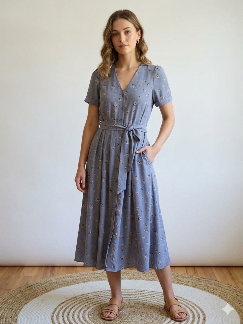 OAK + FORT Dusty Blue Floral Button-Down Midi Dress Cottagecore Minimalist Boho